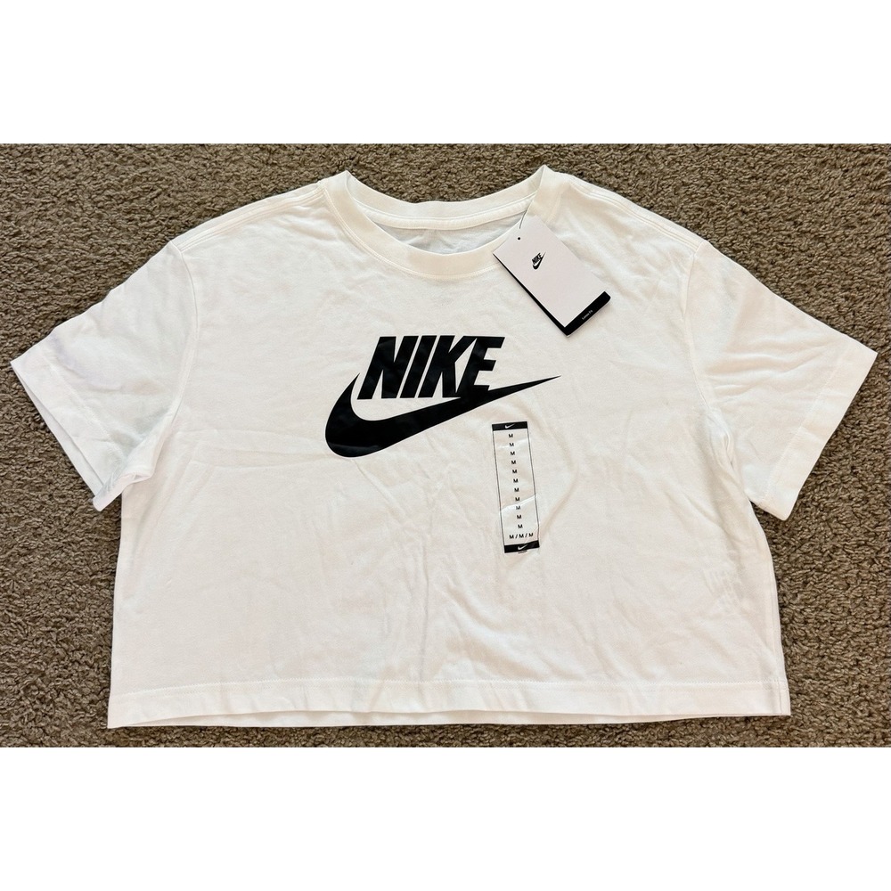 Nike Sportswear Essential Womens Cropped T-Shirt White Black Logo Medium New